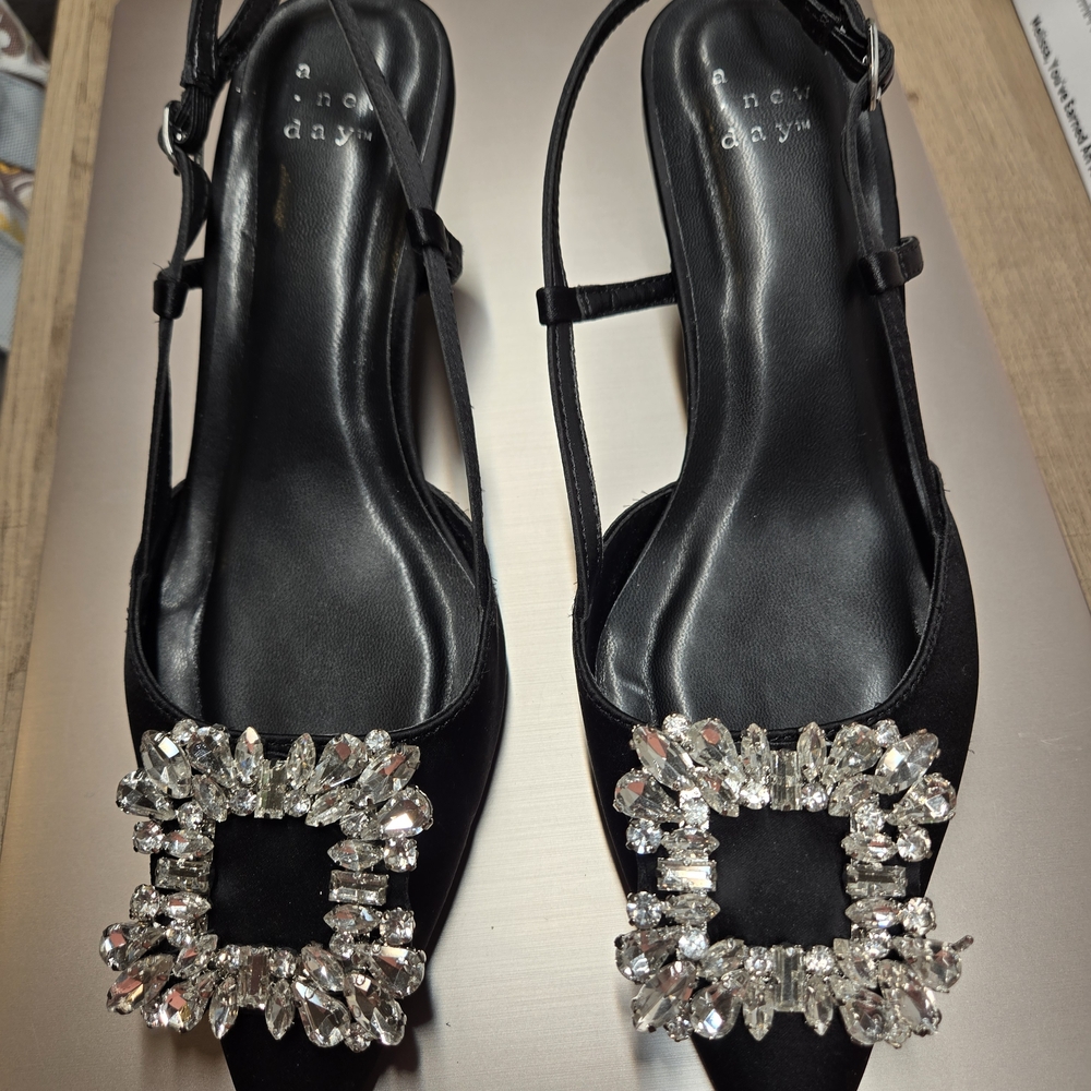 A New Day Black Heels with Crystal Embellishments